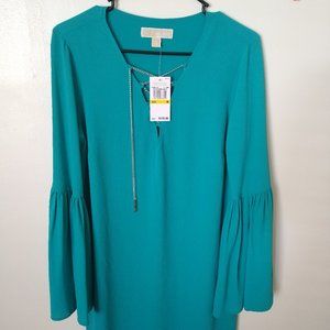 Michael Kors Tile Blue Chain Detail Bell Sleeve Blouse